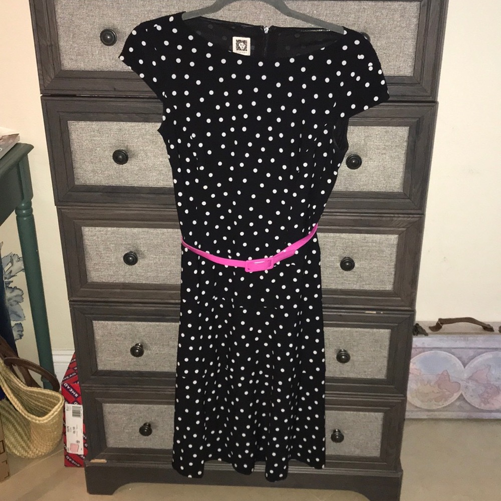 Anne Klein Black & White Polka Dot Dress Pink Belt